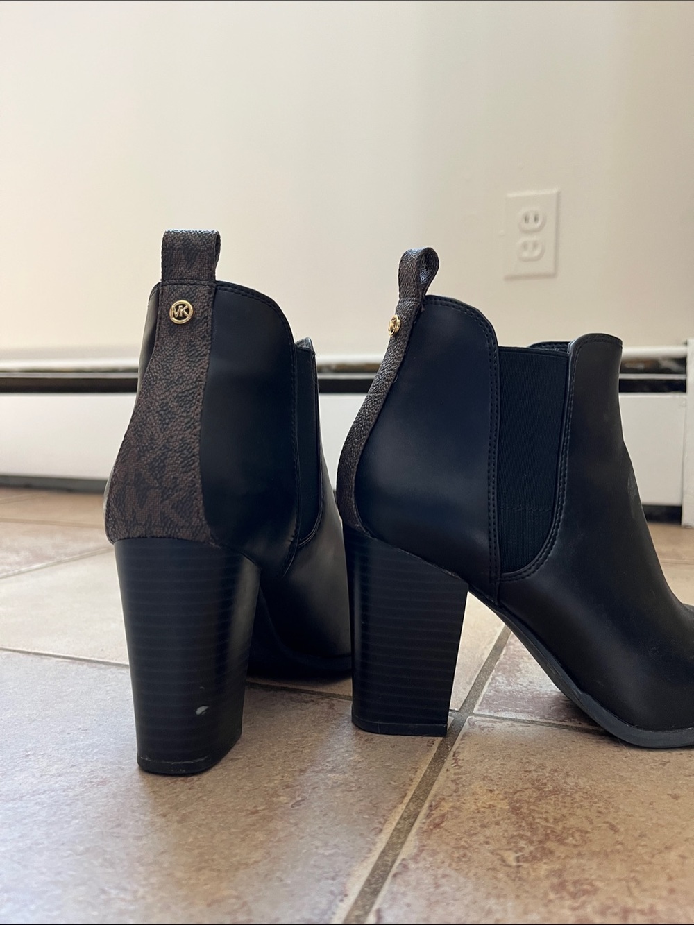 Michael Kors Black Leather Chelsea Ankle Booties with MK Monogram Pull Tab
